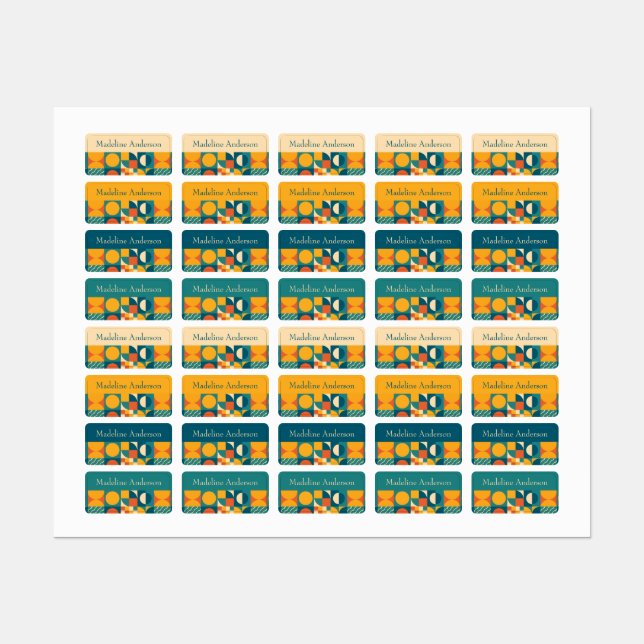 Farbenfrohe Retro geometrische Kindernamen Labels Etiketten (Blatt)
