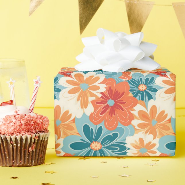 Farbenfrohe Retro Groovy Blumenmuster Geschenkpapier (Geburtstagsparty)