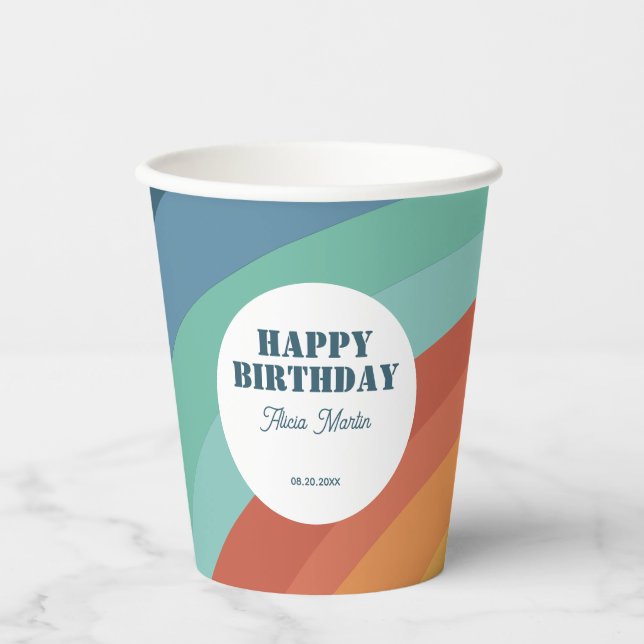 Farbenfrohe Retro Groovy Rainbow Happy Birthday Pappbecher (Vorderseite)