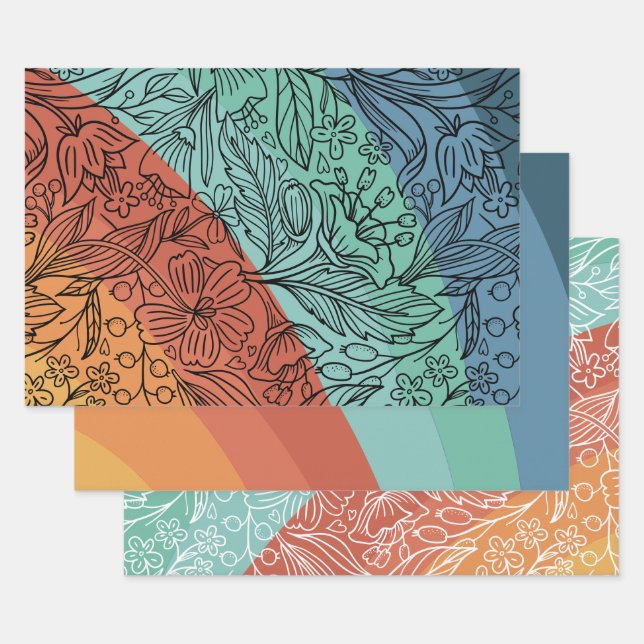 Farbenfrohe Retro Groovy Regenbogen Geschenkpapier Set (Set)