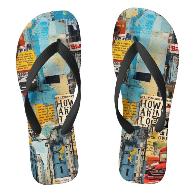 Farbenfrohe Retro-Junk-Reiseroute-Collage Flip Flops (Fußbett)