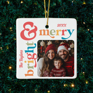 Farbenfrohe Retro Merry & Bright Weihnachten Foto Keramikornament