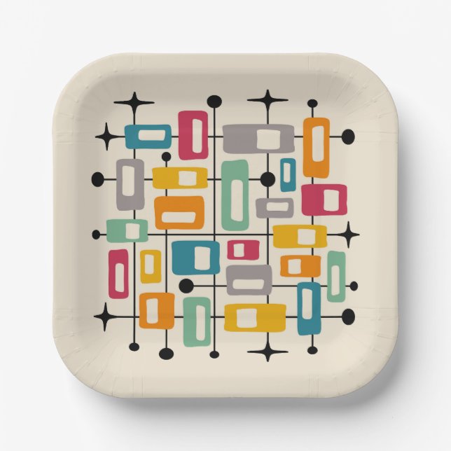 Farbenfrohe Retro Mitte des Jahrhunderts Moderne A Pappteller (Vorderseite)