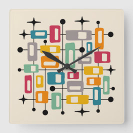 Farbenfrohe Retro Mitte des Jahrhunderts Moderne A Quadratische Wanduhr