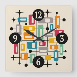 Farbenfrohe Retro Mitte des Jahrhunderts Moderne A Quadratische Wanduhr