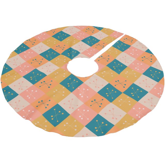 Farbenfrohe Retro Mitte Jahrhunderts Mod Atommuste Polyester Weihnachtsbaumdecke (Schrägansicht)