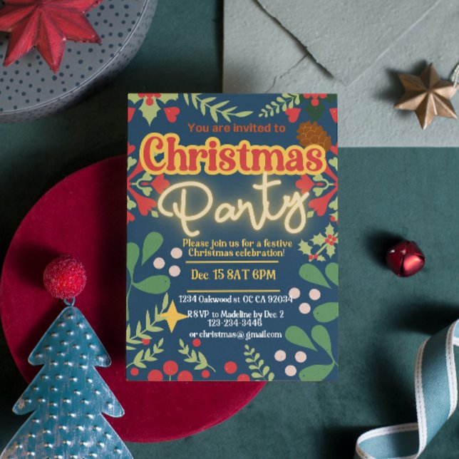 Farbenfrohe Retro moderne Weihnachtszeit botanisch Einladung (Von Creator hochgeladen)