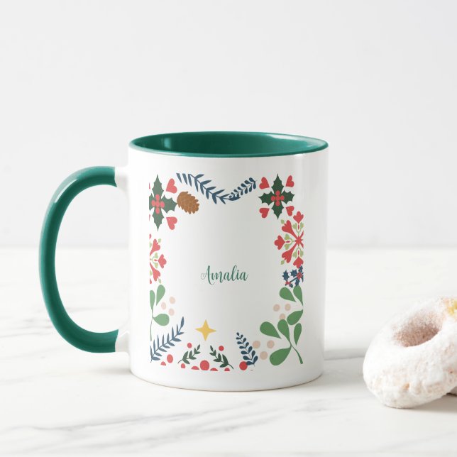 Farbenfrohe Retro moderne Weihnachtszeit botanisch Tasse (Mit Donut)