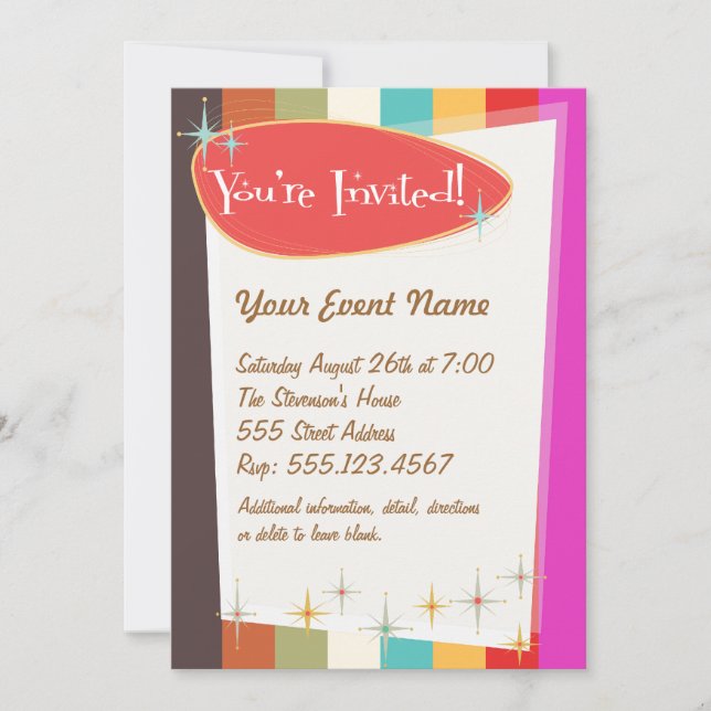 Farbenfrohe Retro-Party Einladung (Vorderseite)