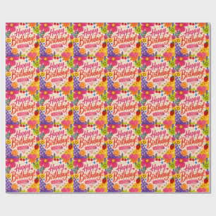 Farbenfrohe Retro-Pop-Geburtstagsgrüße mit Blumen Geschenkpapier