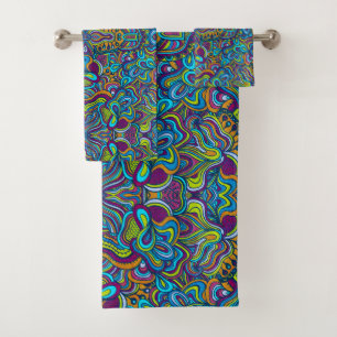 Farbenfrohe Retro Psychedelic Abstrakte Wirbel Badhandtuch Set