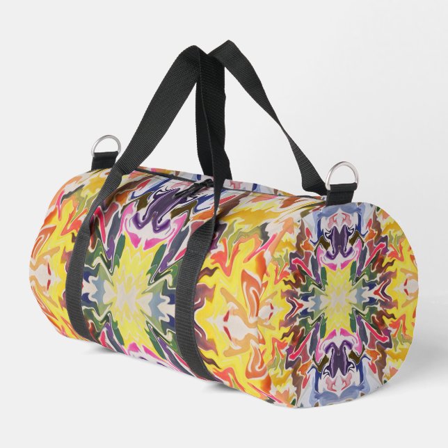 Farbenfrohe Retro Psychedelic Kaleidoskop Abstrakt Duffle Bag (Linke Seite)