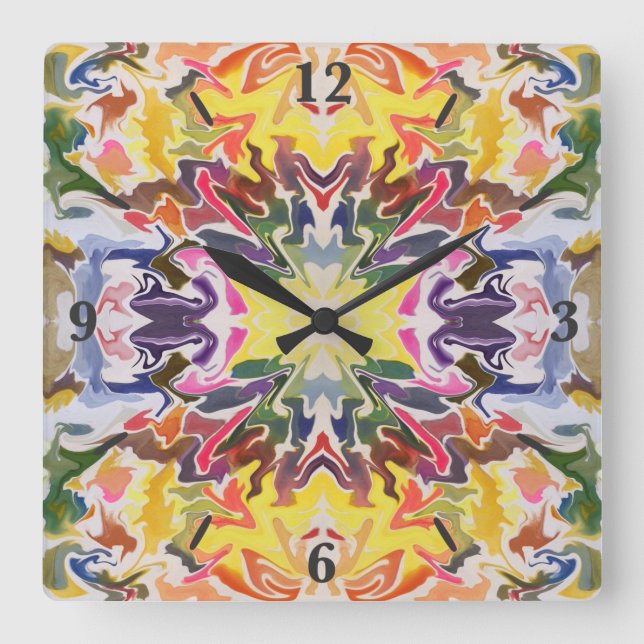 Farbenfrohe Retro Psychedelic Kaleidoskop Abstrakt Quadratische Wanduhr (Vorderseite)