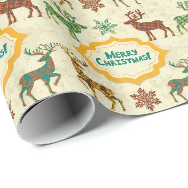 Farbenfrohe Retro Rain-Deer Frohe Weihnachten Geschenkpapier (Rolleneckpunkt)
