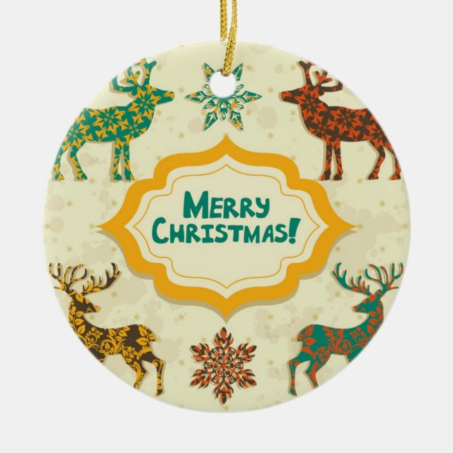 Farbenfrohe Retro Rain-Deer Frohe Weihnachten Keramikornament (Vorne)