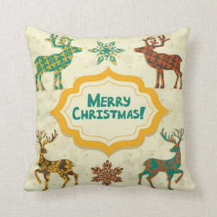 Farbenfrohe Retro Rain-Deer Frohe Weihnachten Kissen