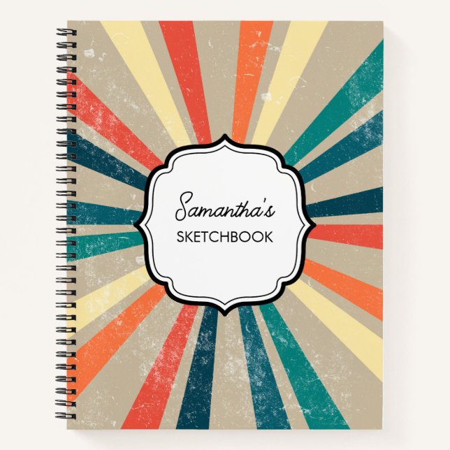 Farbenfrohe Retro Rainbow Sunburst Sketchbook Notizbuch (Vorderseite)