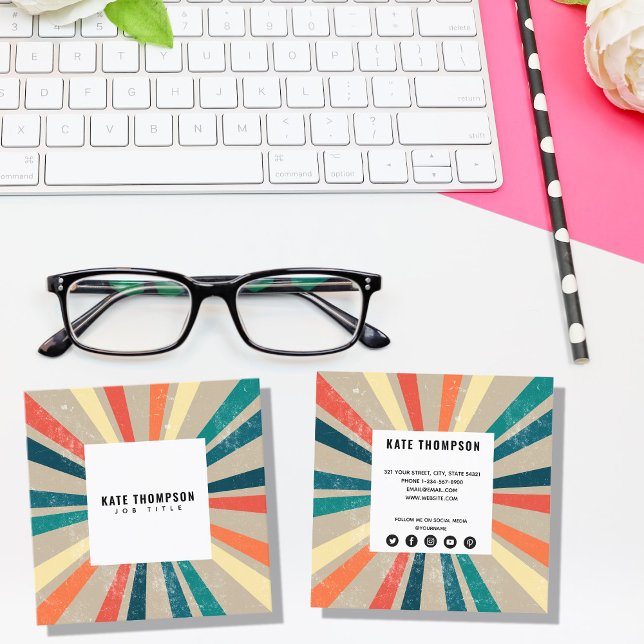 Farbenfrohe Retro-Regenbogen Sunbury Social Media  Quadratische Visitenkarte (Von Creator hochgeladen)