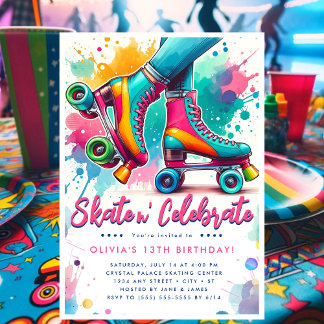 Farbenfrohe Retro Roller Skate Geburtstag Einladung