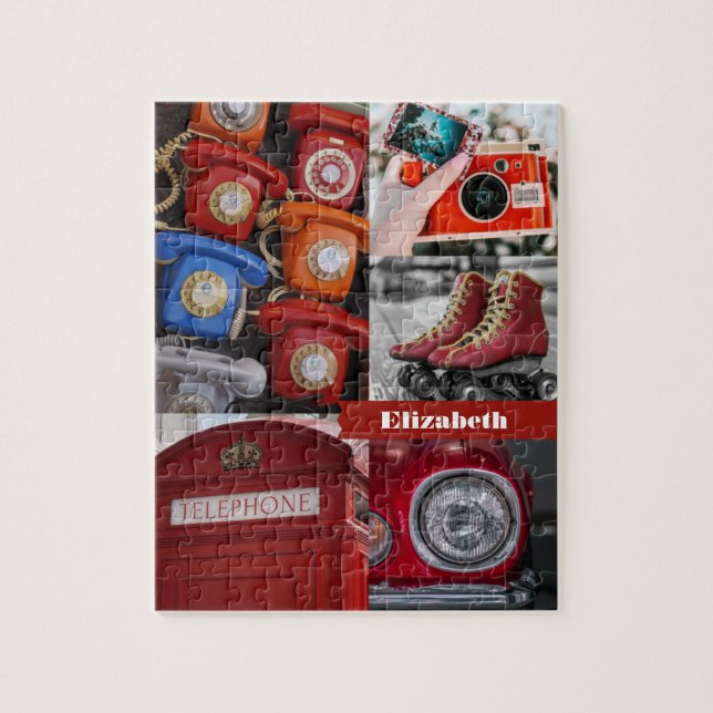 Farbenfrohe Retro Rote Ästhetik Foto Collage Name Puzzle (Vertikal)