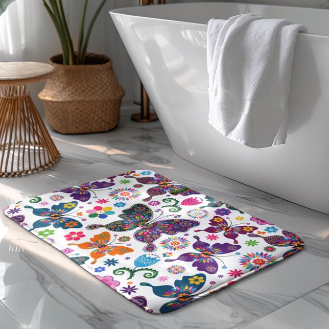 Farbenfrohe Retro-Schmetterlinge & Blume Muster Badematte (Von Creator hochgeladen)