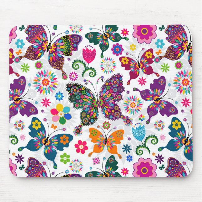 Farbenfrohe Retro-Schmetterlinge und Blume-Muster Mousepad (Vorne)