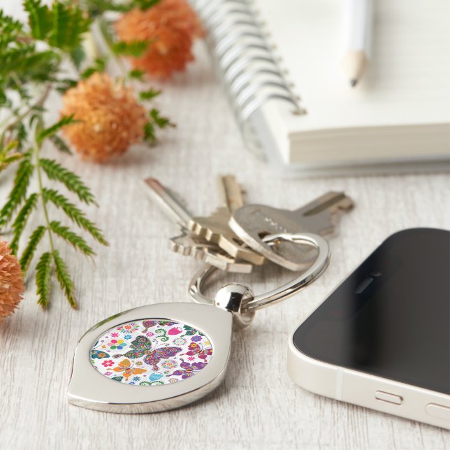 Farbenfrohe Retro-Schmetterlinge und Blume-Muster Schlüsselanhänger (Seite)