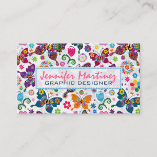 Farbenfrohe Retro-Schmetterlinge und Blume Muster  Visitenkarte