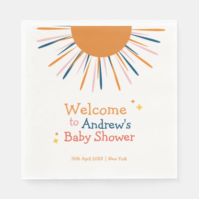 Farbenfrohe Retro Sonnenschein Baby Dusche Willkom Serviette (Vorderseite)