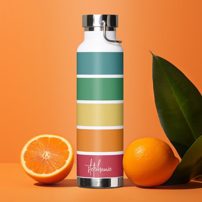 Farbenfrohe Retro Streifen - Regenbogen - Name des Trinkflasche (Personalized water bottle - custom name on huge colorful stripes)