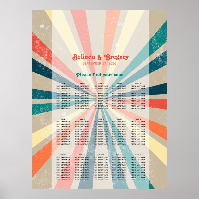 Farbenfrohe Retro Sunburst Wedding Chart Poster (Vorne)