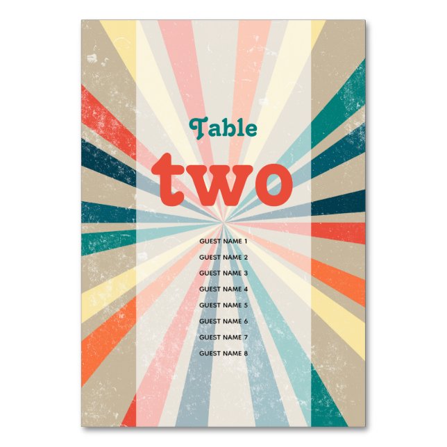 Farbenfrohe Retro Sunburst Wedding Tischnummer (Vorderseite)