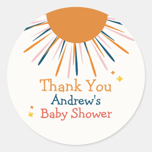 Farbenfrohe Retro Sunshine Baby Dusche Vielen Dank Runder Aufkleber (Vorderseite)