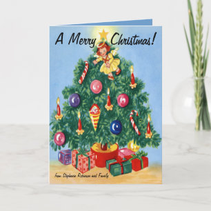 Farbenfrohe Retro Tree Personalisierte Weihnachtsk Feiertagskarte