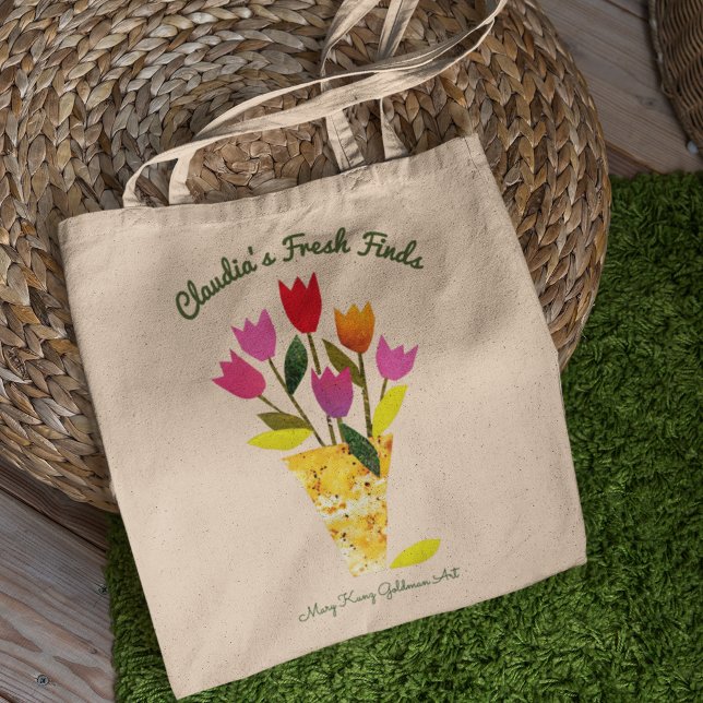 Farbenfrohe Retro Tulips Personalisiert gesund ess Tragetasche (Chic script typography matches the retro look of the colorful vase of tulips, my original art.)