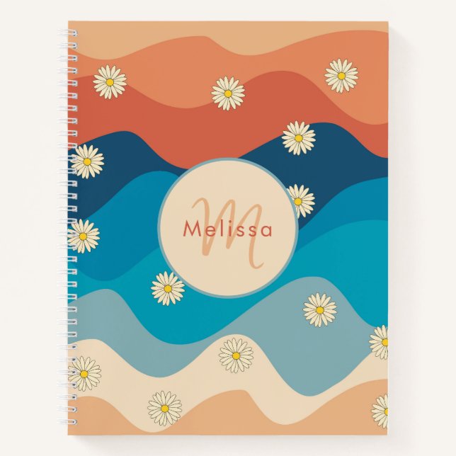 Farbenfrohe Retro Waves & Daisis Muster Monogramm Notizbuch (Vorderseite)