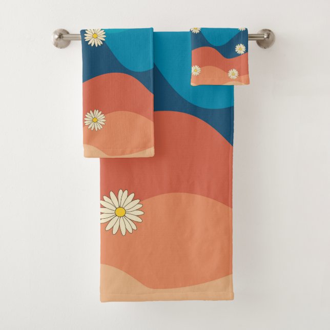 Farbenfrohe Retro Waves & Daisises Muster Badhandtuch Set (Insitu)