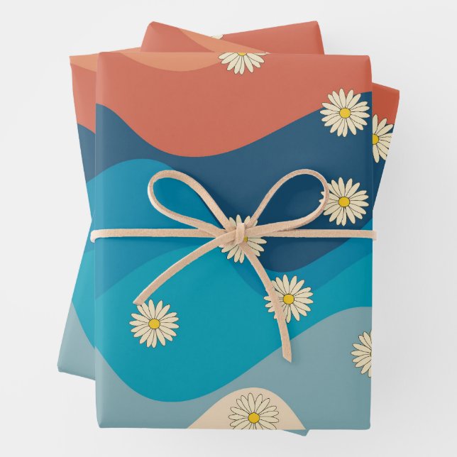 Farbenfrohe Retro Waves & Daisises Muster Geschenkpapier Set (Beispiel)