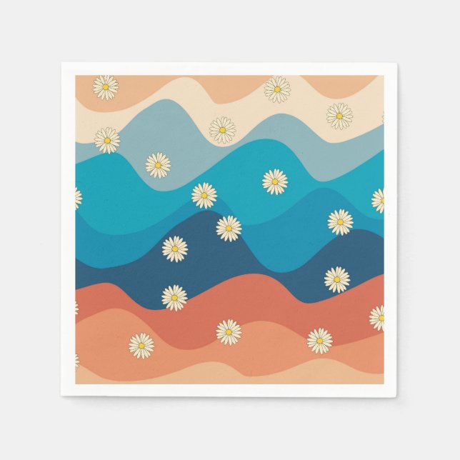 Farbenfrohe Retro Waves & Daisises Muster Serviette (Vorderseite)