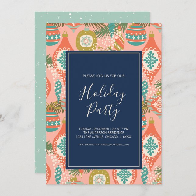 Farbenfrohe Retro Weihnachtsfeier Einladung (Vorne/Hinten)