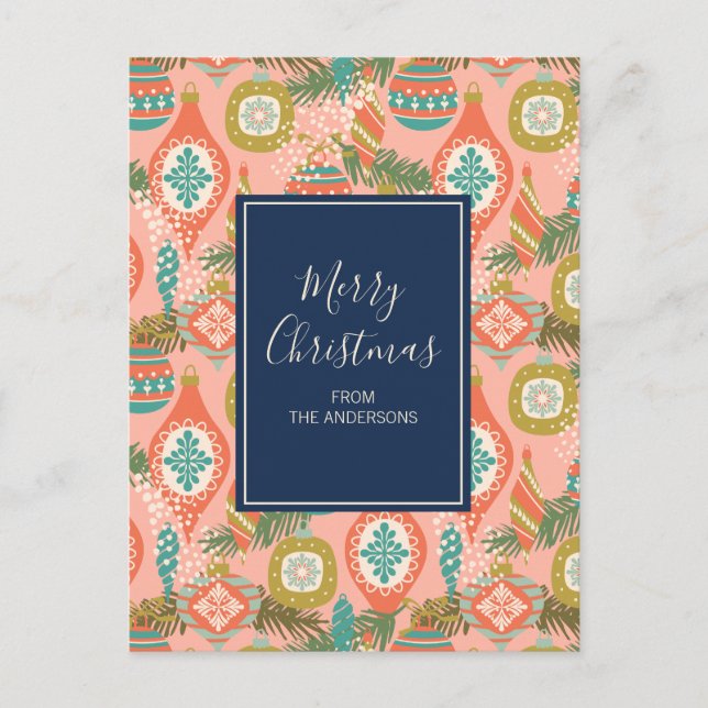 Farbenfrohe Retro Weihnachtsschmuck Feiertagspostkarte (Vorderseite)