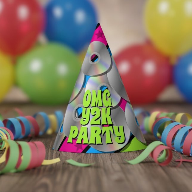 Farbenfrohe Retro Y2K Music CDs Pop Art Party Hat Partyhütchen (Fun and colorful paper hat for your Y2K throwback party)