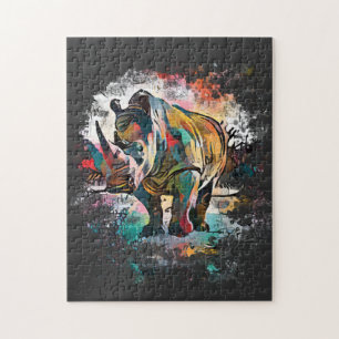 Farbenfrohe Rhinozeros! Schwarze Schwierigkeit Puzzle