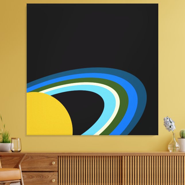 Farbenfrohe Ringe im schwarzen Außenraum des Satur Leinwanddruck (Insitu (Wohnzimmer))