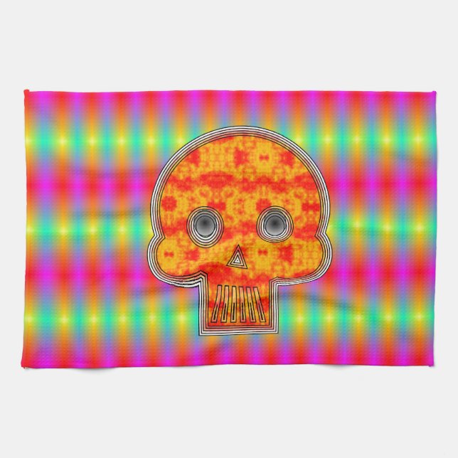 Farbenfrohe Robot Skull auf Regenbogenuntergrund Geschirrtuch (Horizontal)