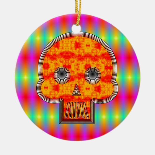 Farbenfrohe Robot Skull auf Regenbogenuntergrund Keramik Ornament (Vorne)
