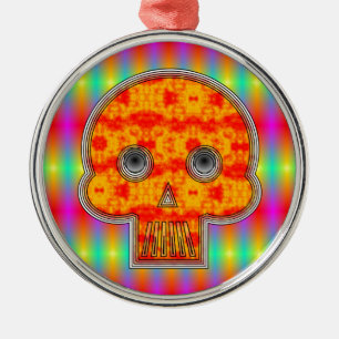 Farbenfrohe Robot Skull auf Regenbogenuntergrund Silbernes Ornament