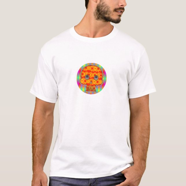 Farbenfrohe Robot Skull auf Regenbogenuntergrund T-Shirt (Vorderseite)