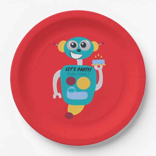 Farbenfrohe Roboterkinder Geburtstag  Pappteller (Vorderseite)