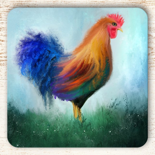 Farbenfrohe Rooster Fine Art Untersetzer (Fine art coaster featuring a painting of a colorful rooster in a grass field.)